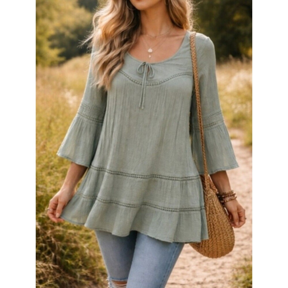 Spense Sage Green Peasant Blouse XL Bell Sleeve Tie Neck Ruffle Tiered Boho Cott